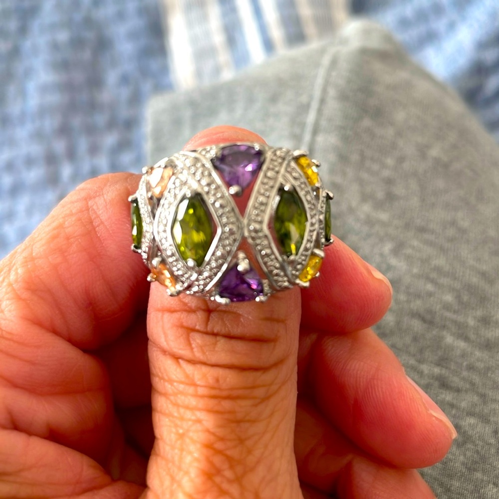 Multi Color Fan Ring Rhodium Plated